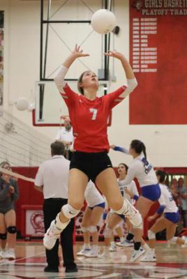 Bella Thompson delivers an acrobatic set during Van’s pool play sweep over the Cumby Lady Trojans. Thompson would play a key role in the victory, finishing with a match-high 10 kills. Photo by David Kapitan
